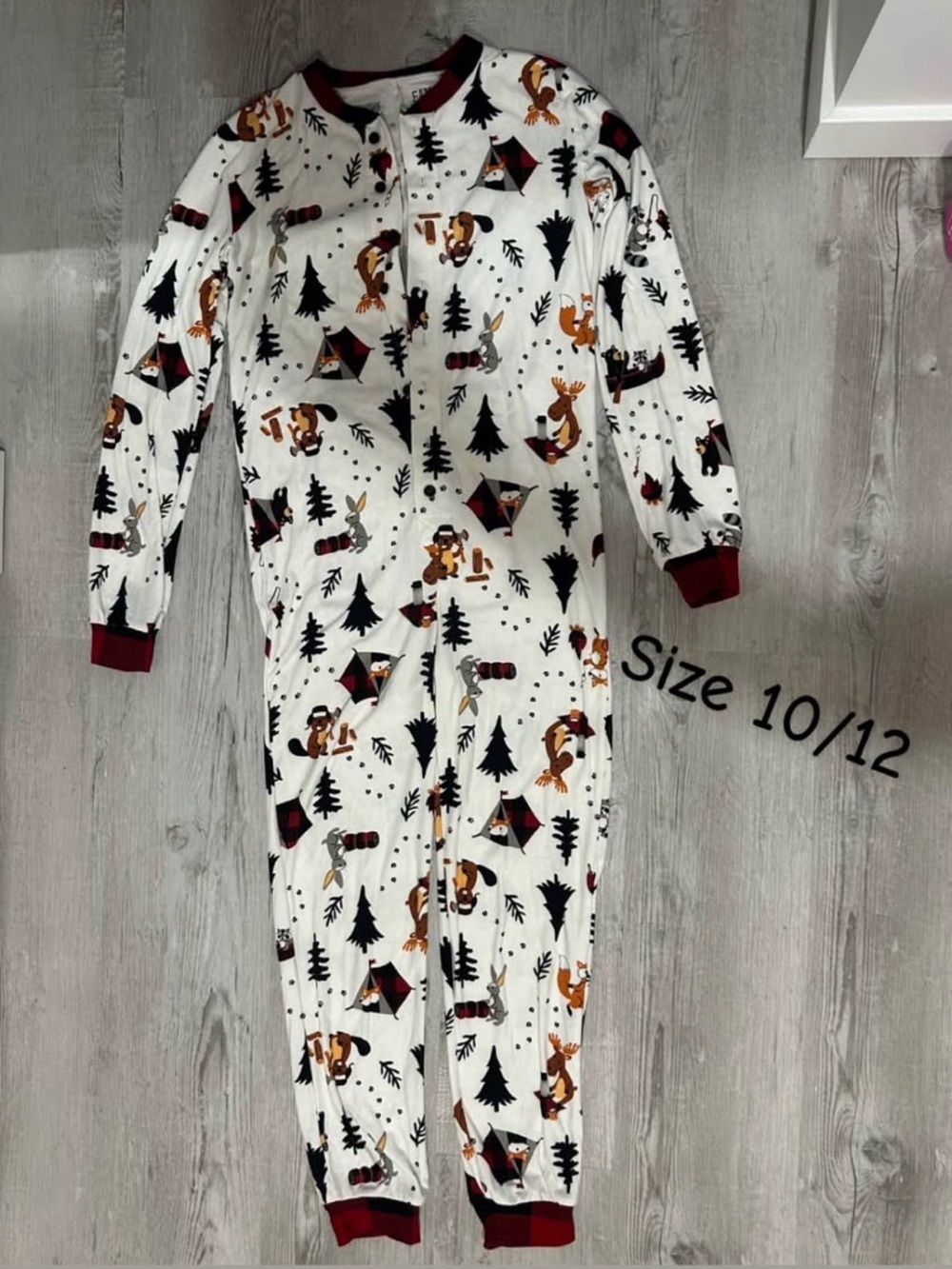 Kids White Woodland Animals One-Piece Pajamas with Red Trim